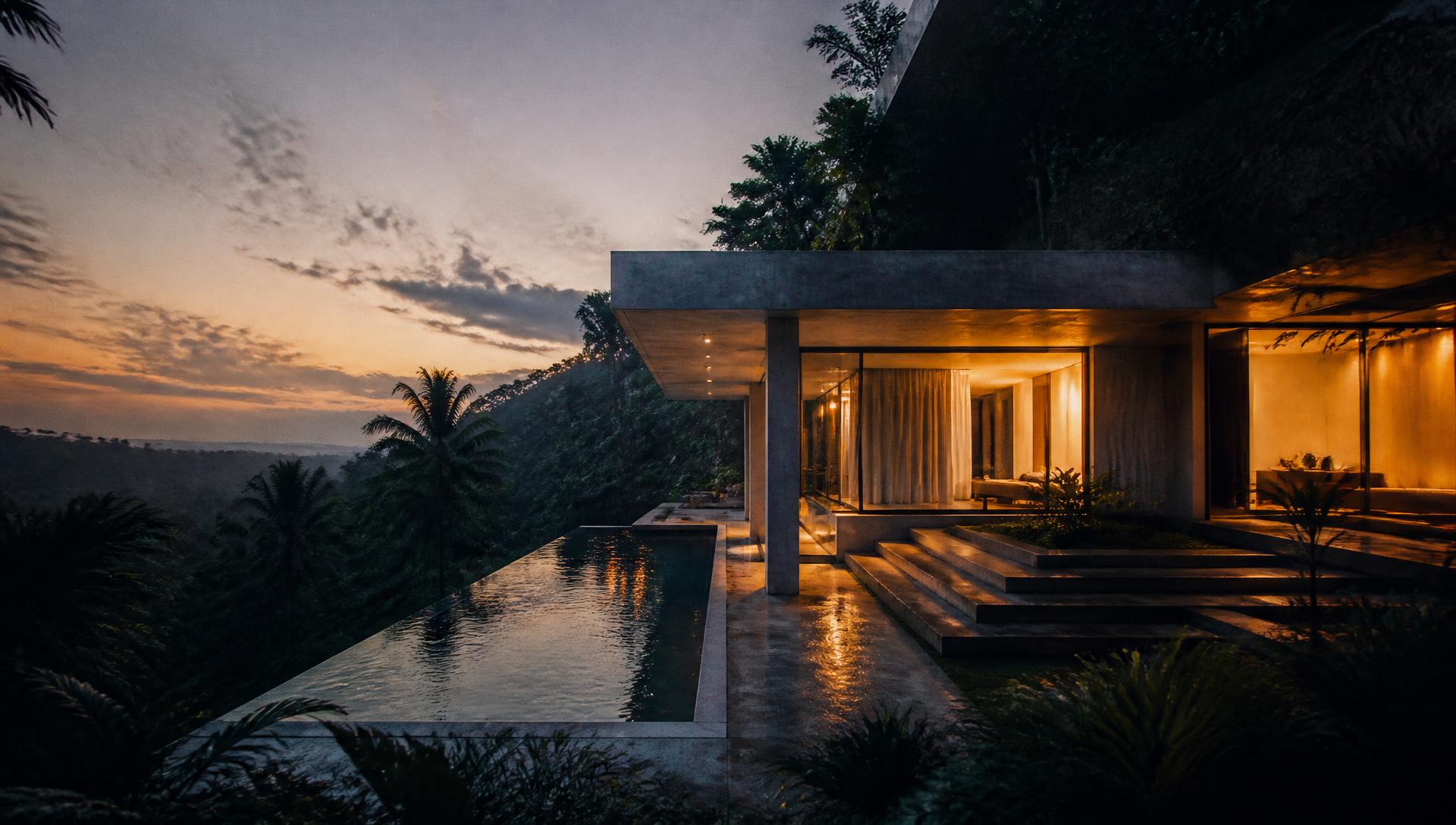 Contemporary concrete and glass residence on a tropical hillside at dusk